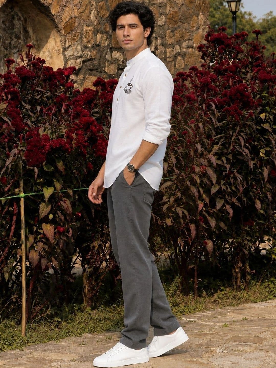 Anouk Men Embroidered Rolled up Sleeves Short Kurta thumbnail 4