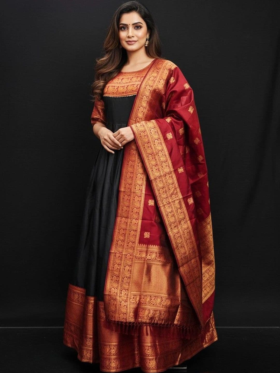 SmileyFashion Woven Round Neck Maxi Ethnic Dress With Dupatta thumbnail 5