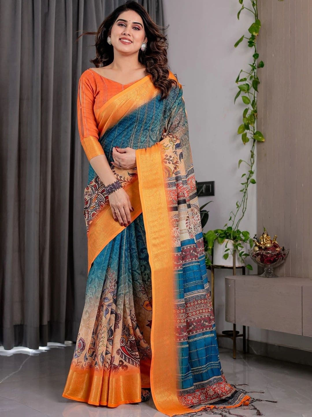 VS MALL Floral Linen Blend Saree thumbnail 4