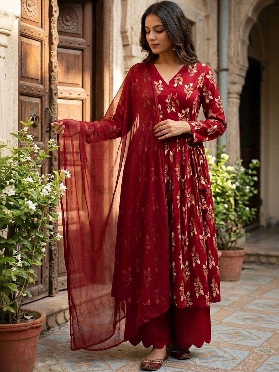 Anouk Women Ethnic Motifs Printed Angrakha Pure Cotton Kurta with Palazzos & With Dupatta - view 1