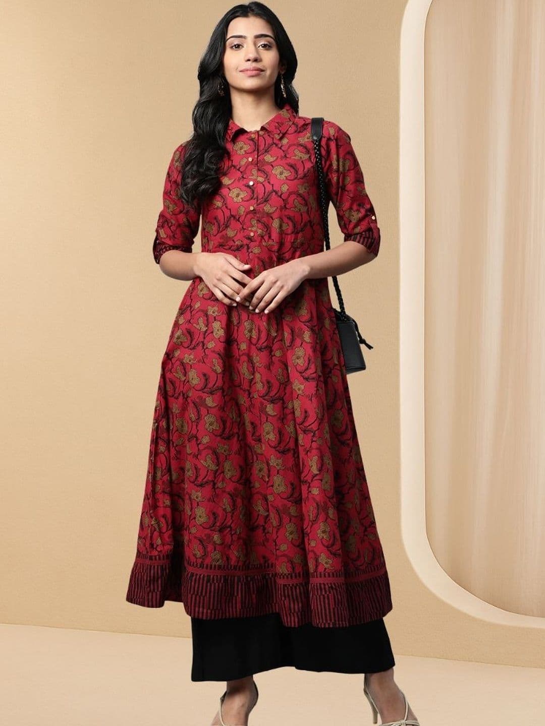 KALINI Floral Printed Shirt Collar Roll-Up Sleeves Cotton Anarkali Kurta thumbnail 2