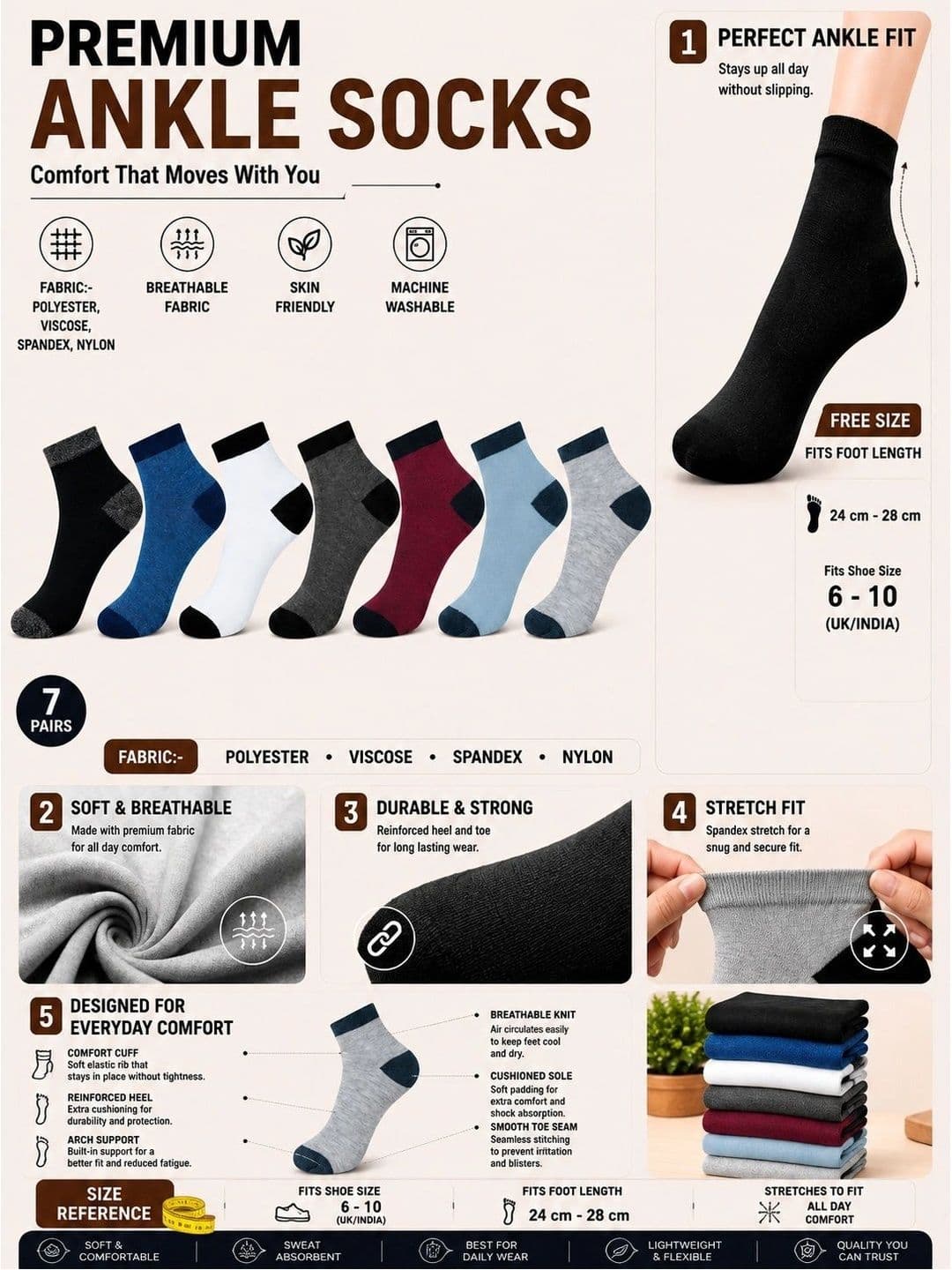 ADDOSSO Men Pack of 7 Cotton Assorted Ankle Length Socks thumbnail 3