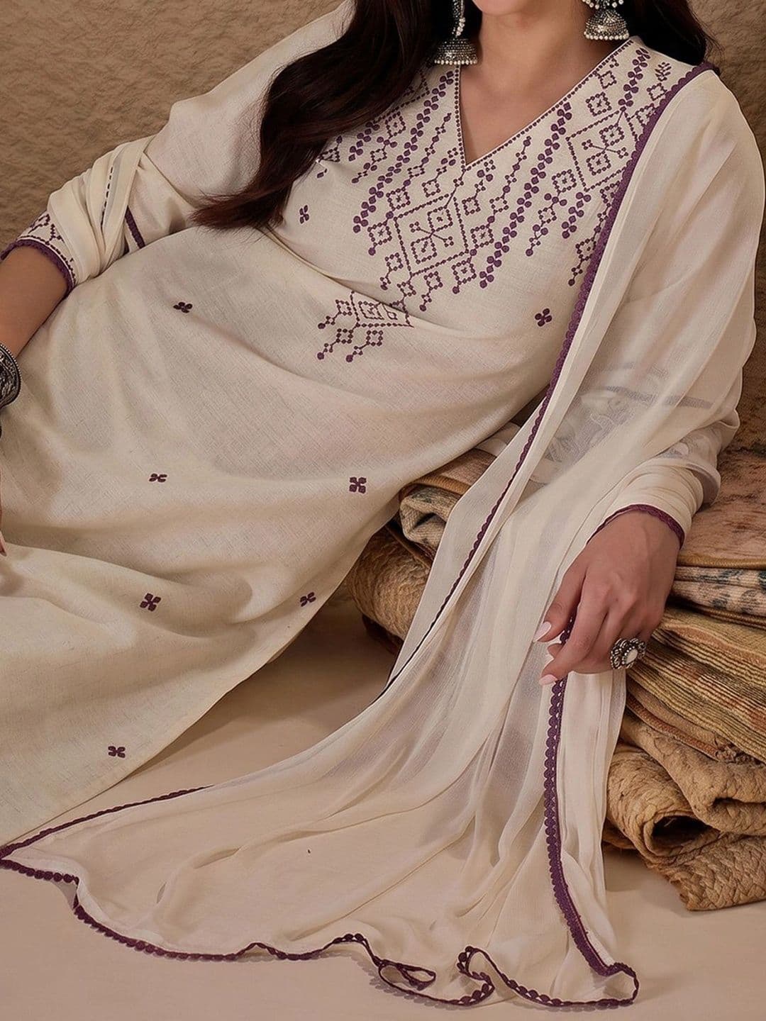 AVANSHEE Women  Embroidered Thread Work Pure Cotton Kurta with Trousers & With Dupatta thumbnail 5