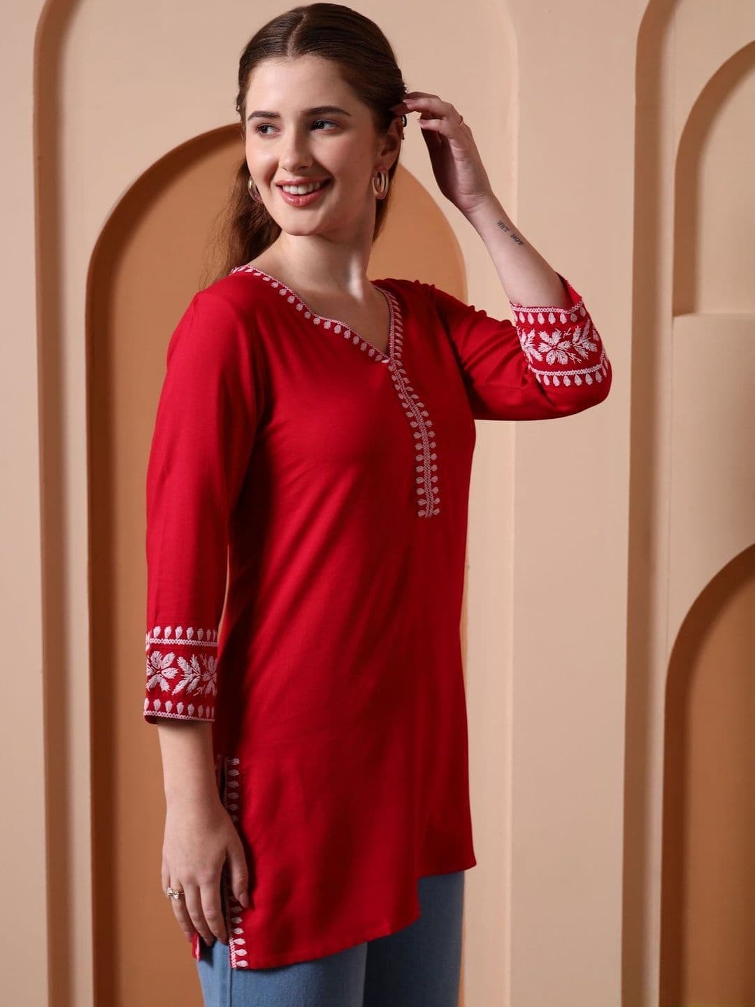 YASH GALLERY Floral Embroidered V-Neck Kurti thumbnail 5