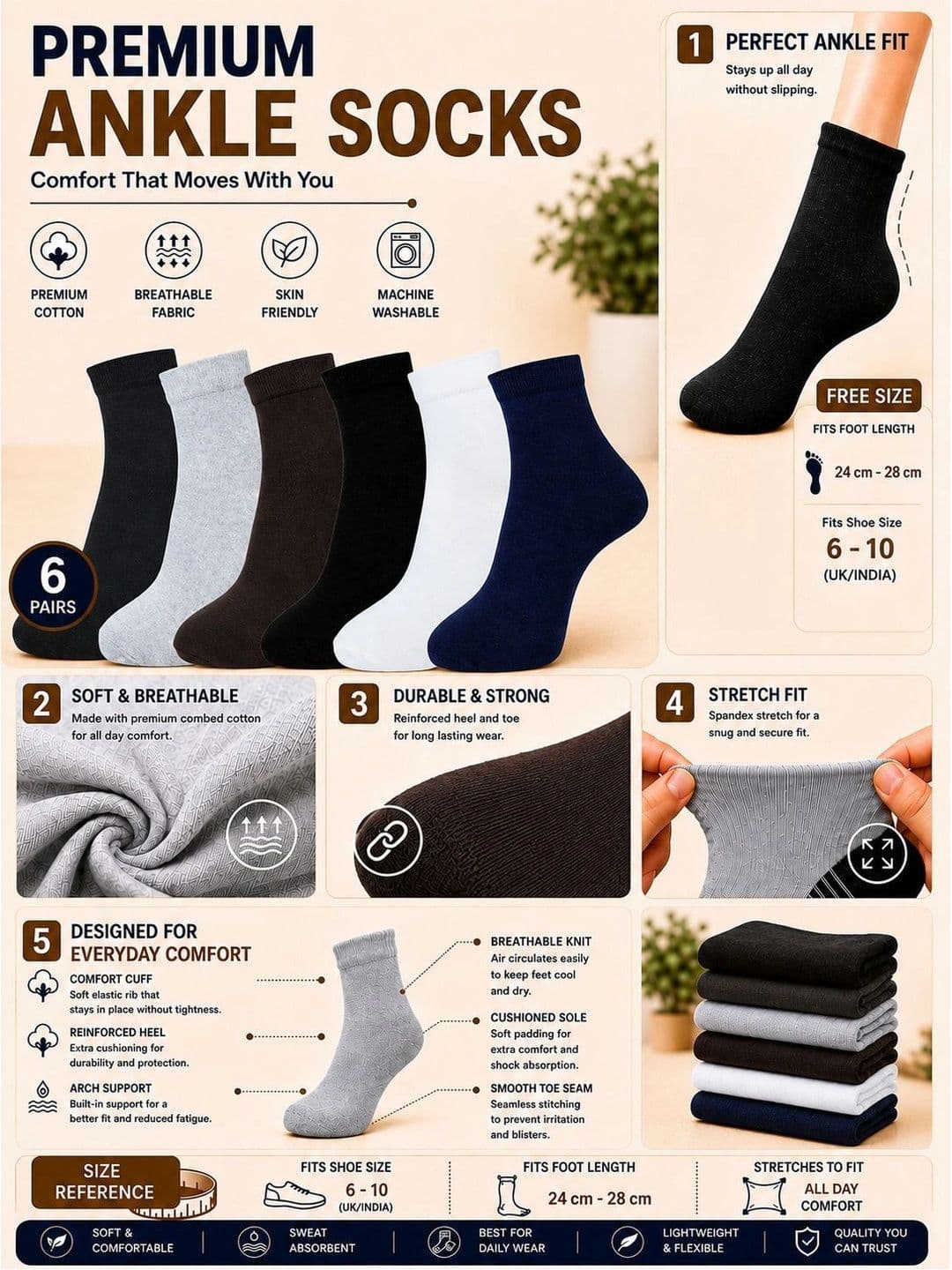 ADDOSSO Men Pack of 6 Cotton Assorted Ankle Length Socks thumbnail 2