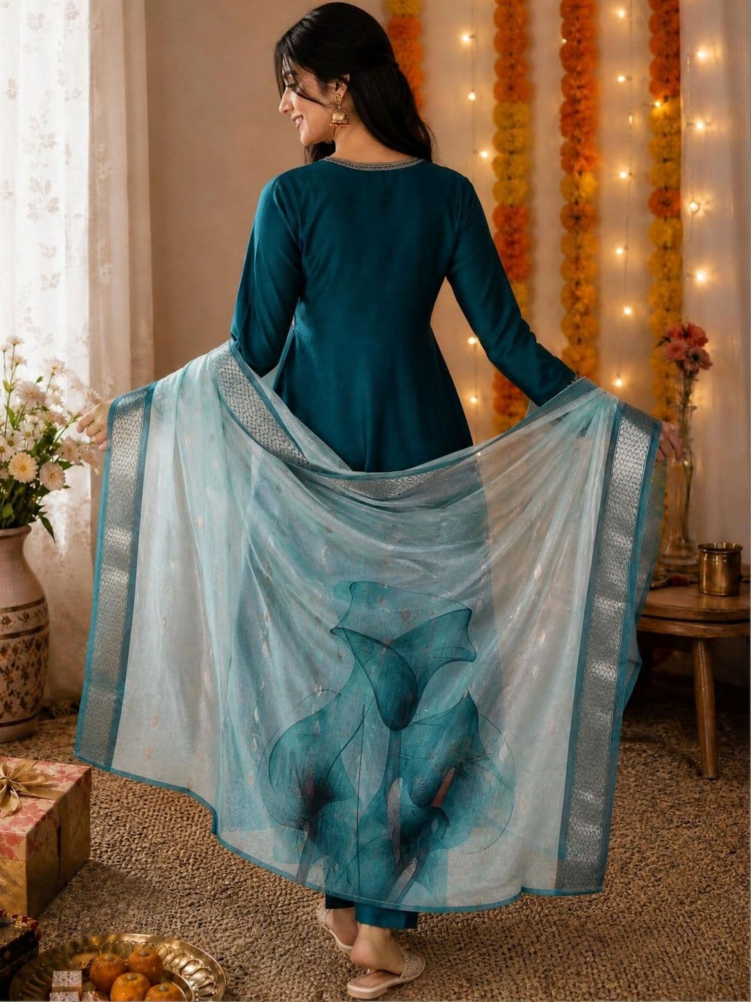 KALINI Women Ethnic Motifs Embroidered Empire Kurta with Trousers & With Dupatta thumbnail 4