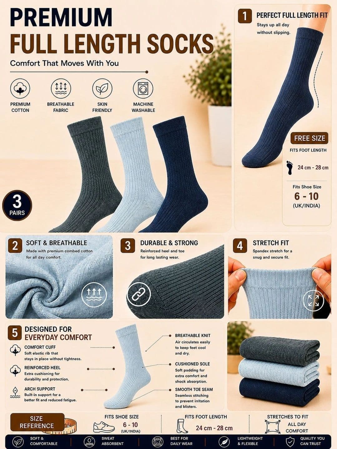 ADDOSSO Men Pack of 3 Cotton Assorted Calf Length Socks thumbnail 4