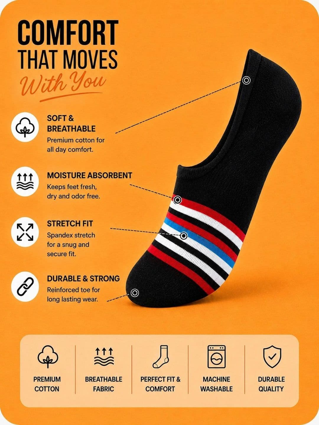 ADDOSSO Men Pack of 3 Cotton Assorted Striped Shoe Liners Socks thumbnail 3