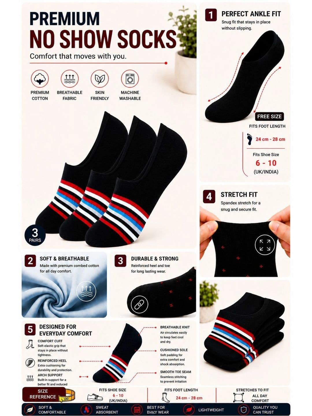 ADDOSSO Men Pack of 3 Cotton Assorted Striped Shoe Liners Socks thumbnail 2
