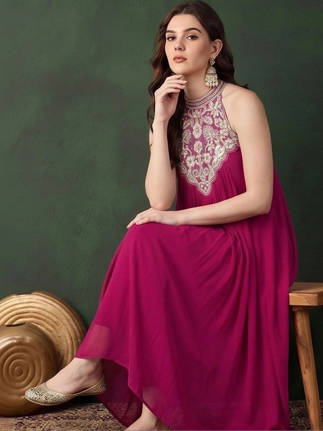 Sangria Women Ethnic Motifs Embroidered Empire Thread Work Silk Georgette Kurta with Trousers thumbnail 2