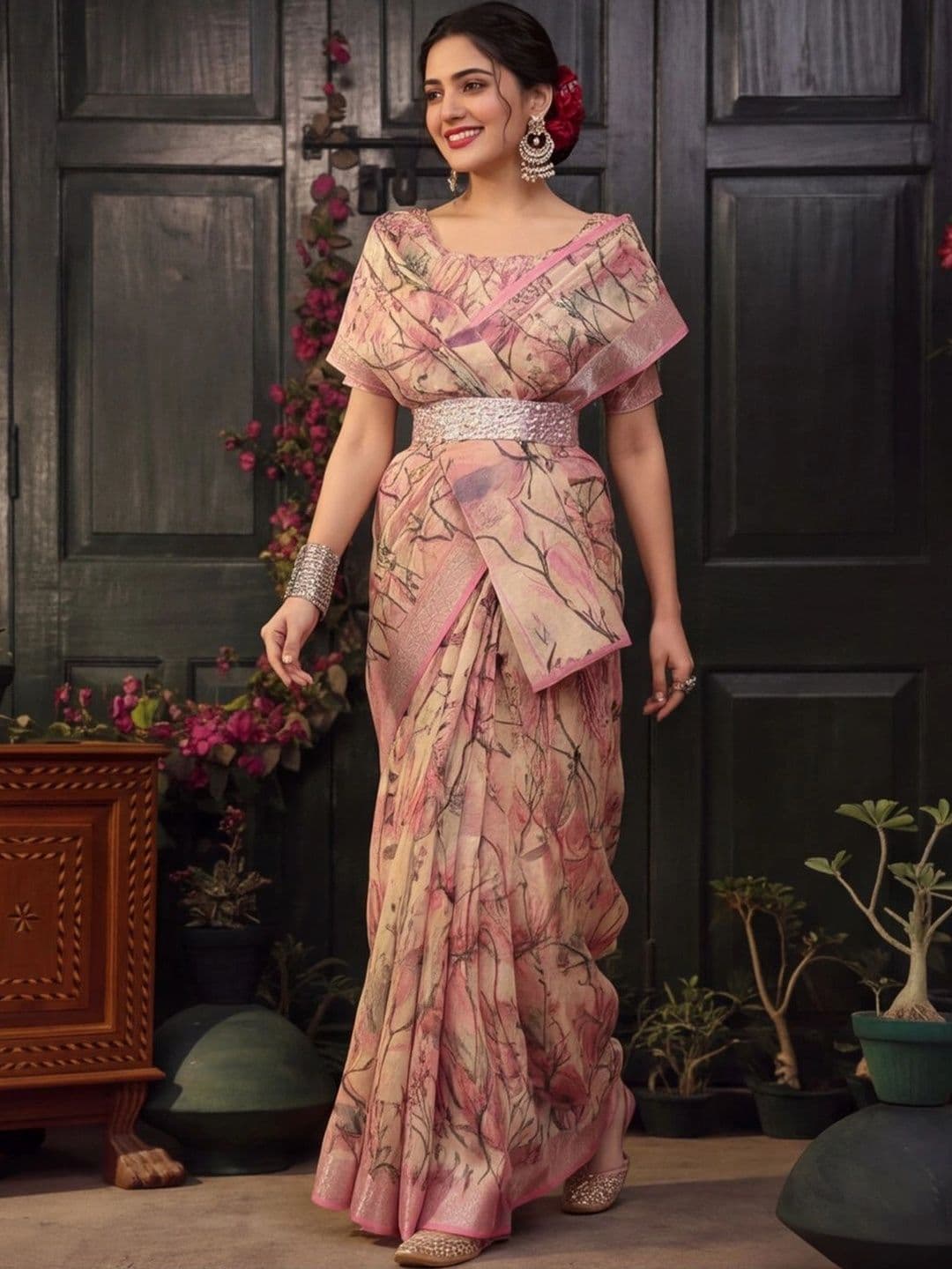 Mitera Floral Zari Silk Cotton Fusion Saree - view 1