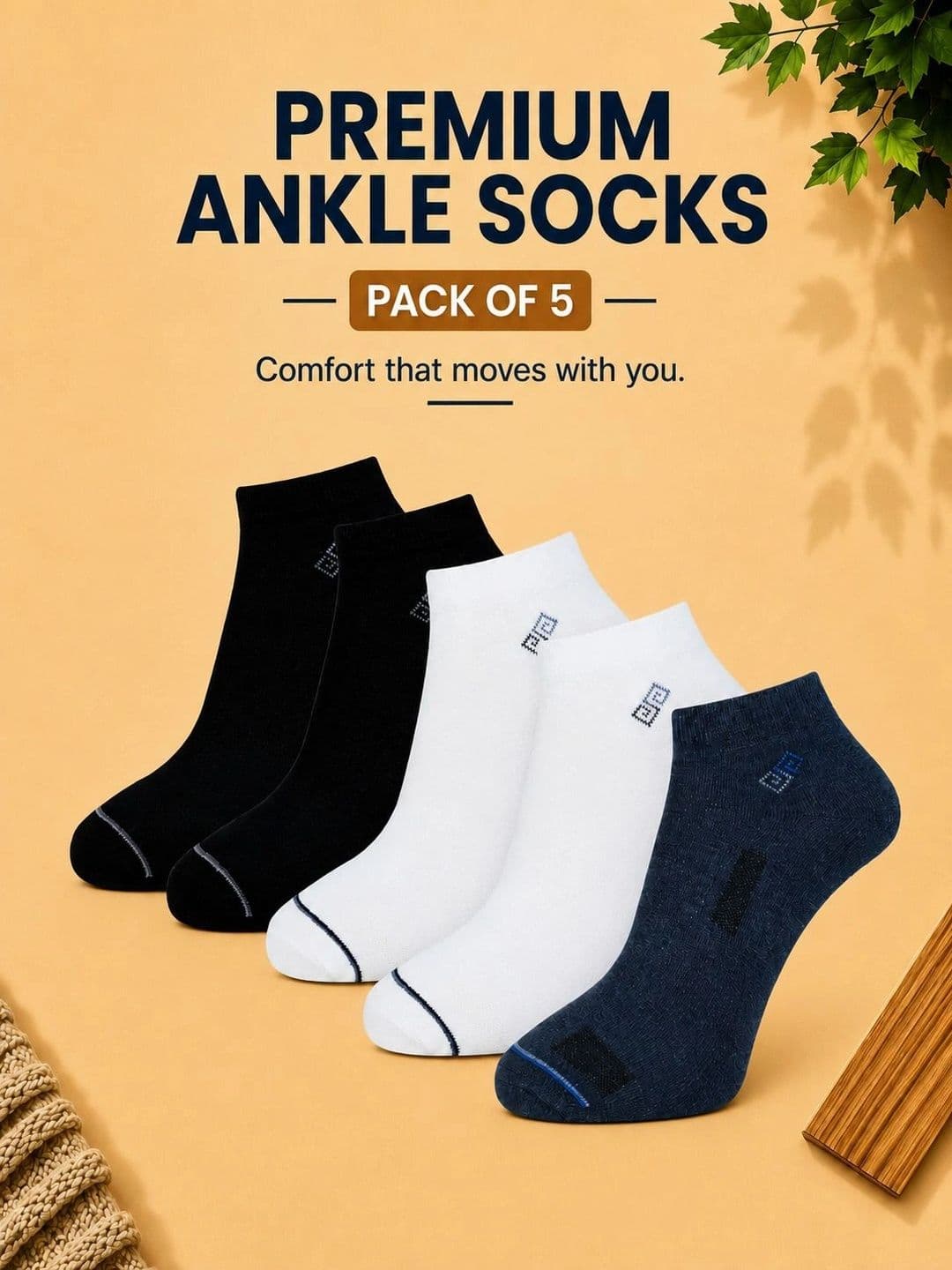 ADDOSSO Men Pack of 5 Cotton Assorted Ankle Length Socks thumbnail 5