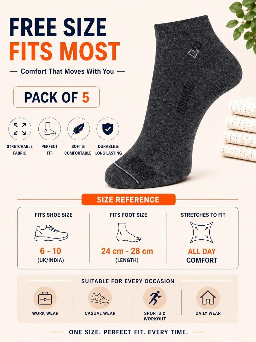 ADDOSSO Men Pack of 5 Cotton Assorted Ankle Length Socks thumbnail 4