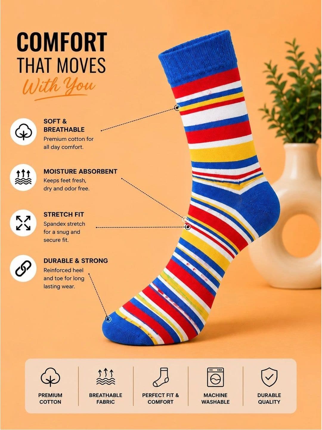 ADDOSSO Men Pack of 3 Cotton Assorted Striped Calf Length Socks thumbnail 3