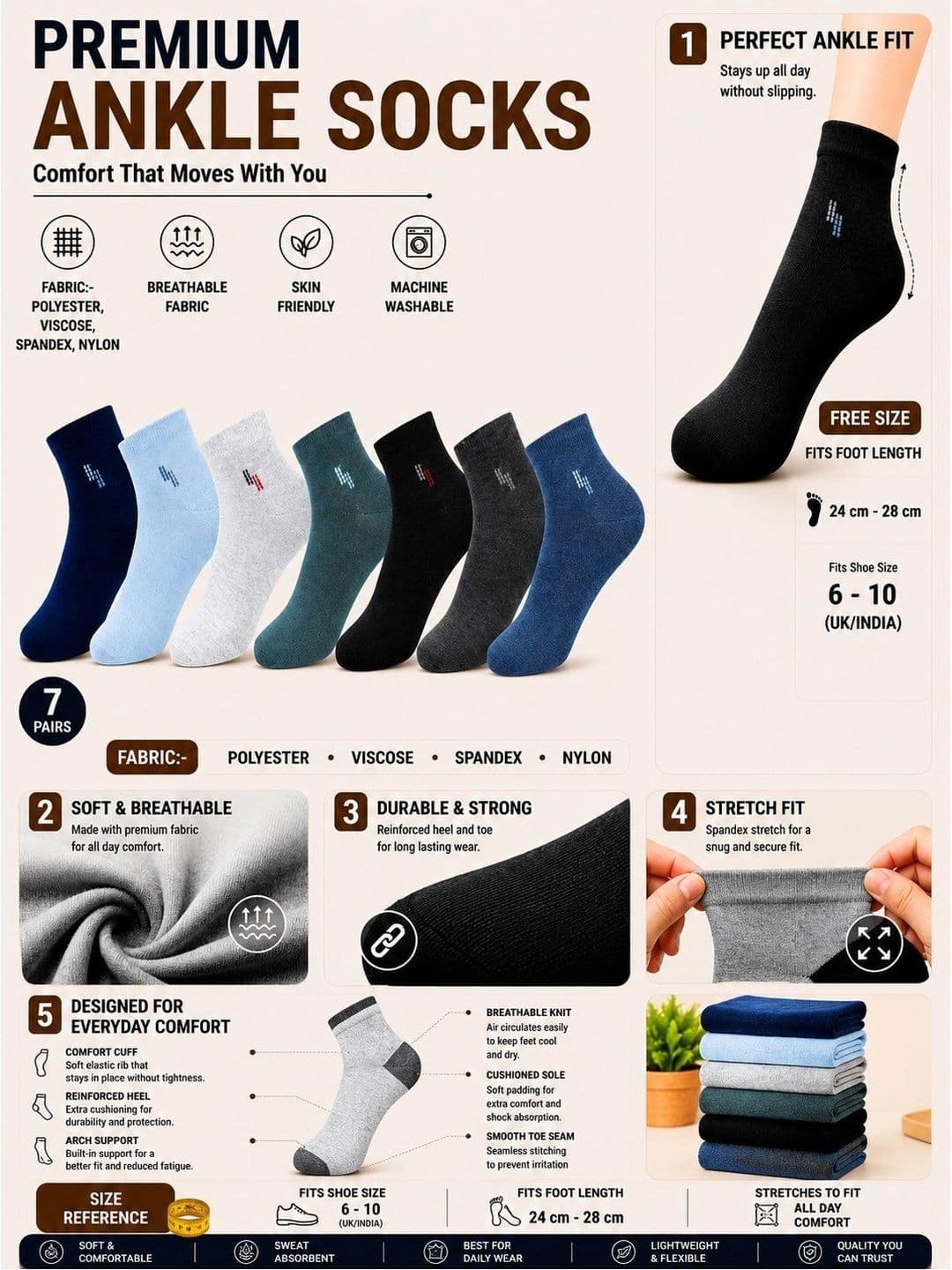 ADDOSSO Men Pack of 7 Cotton Assorted Patterned Ankle Length Socks thumbnail 2