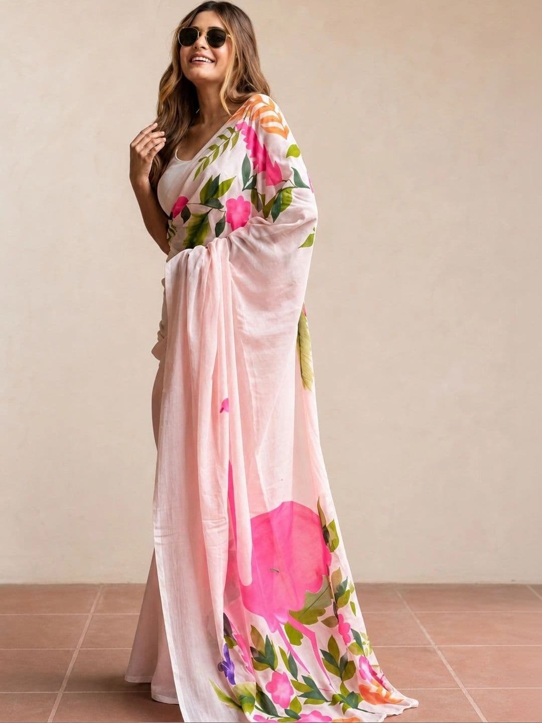 Peachmode Floral Linen Blend Saree thumbnail 2