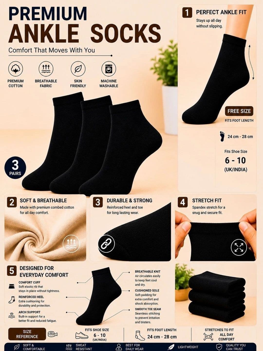 ADDOSSO Men Pack of 3 Cotton Assorted Ankle Length Socks thumbnail 4