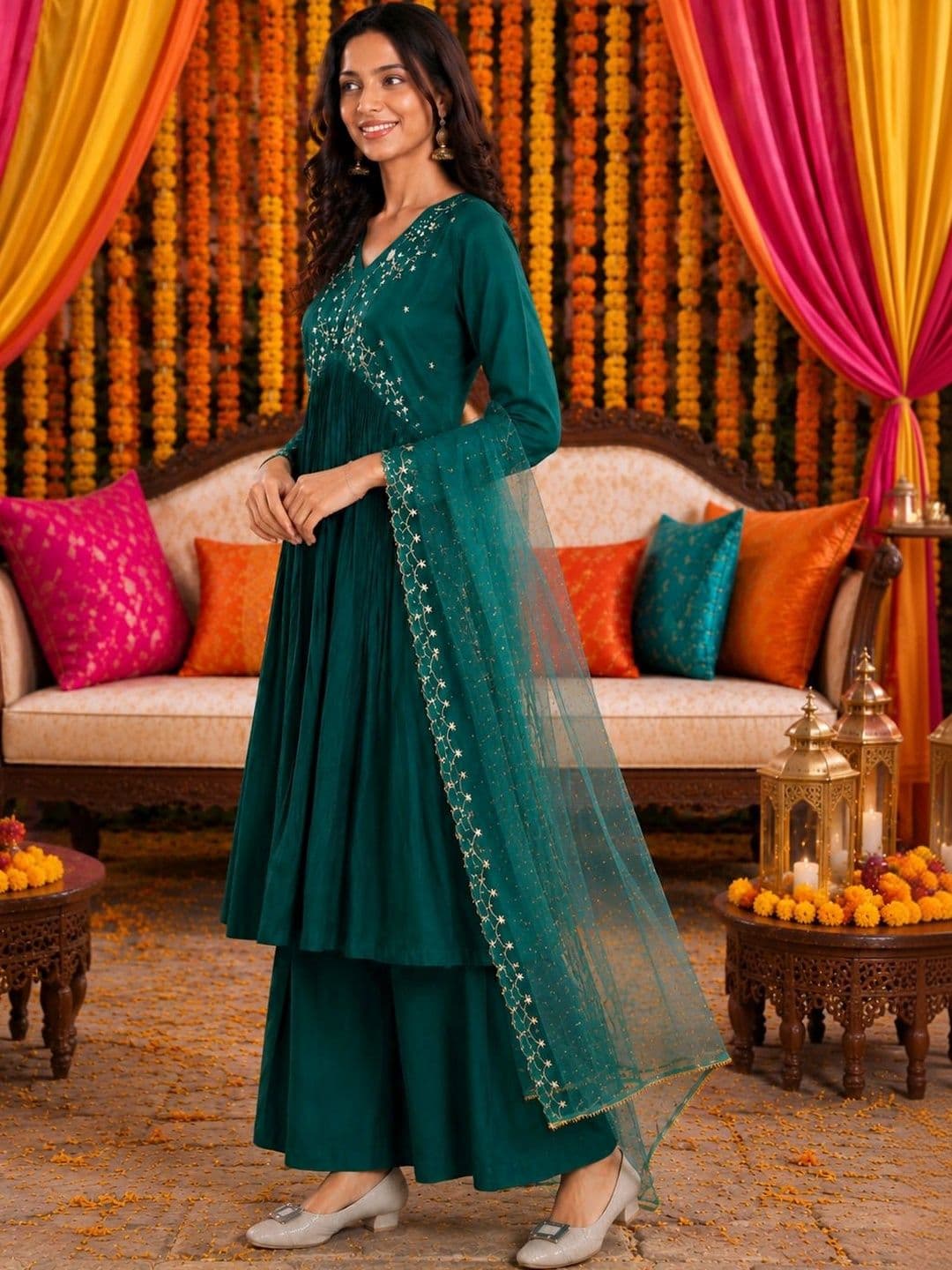 KALINI Women Ethnic Motifs Embroidered Empire Pure Silk Kurta with Palazzos & With Dupatta thumbnail 2