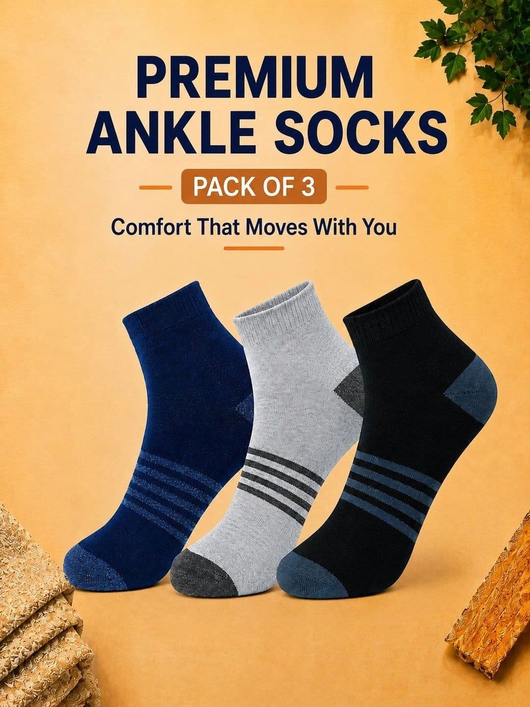 ADDOSSO Men Pack of 3 Cotton Assorted Striped Ankle Length Socks thumbnail 3