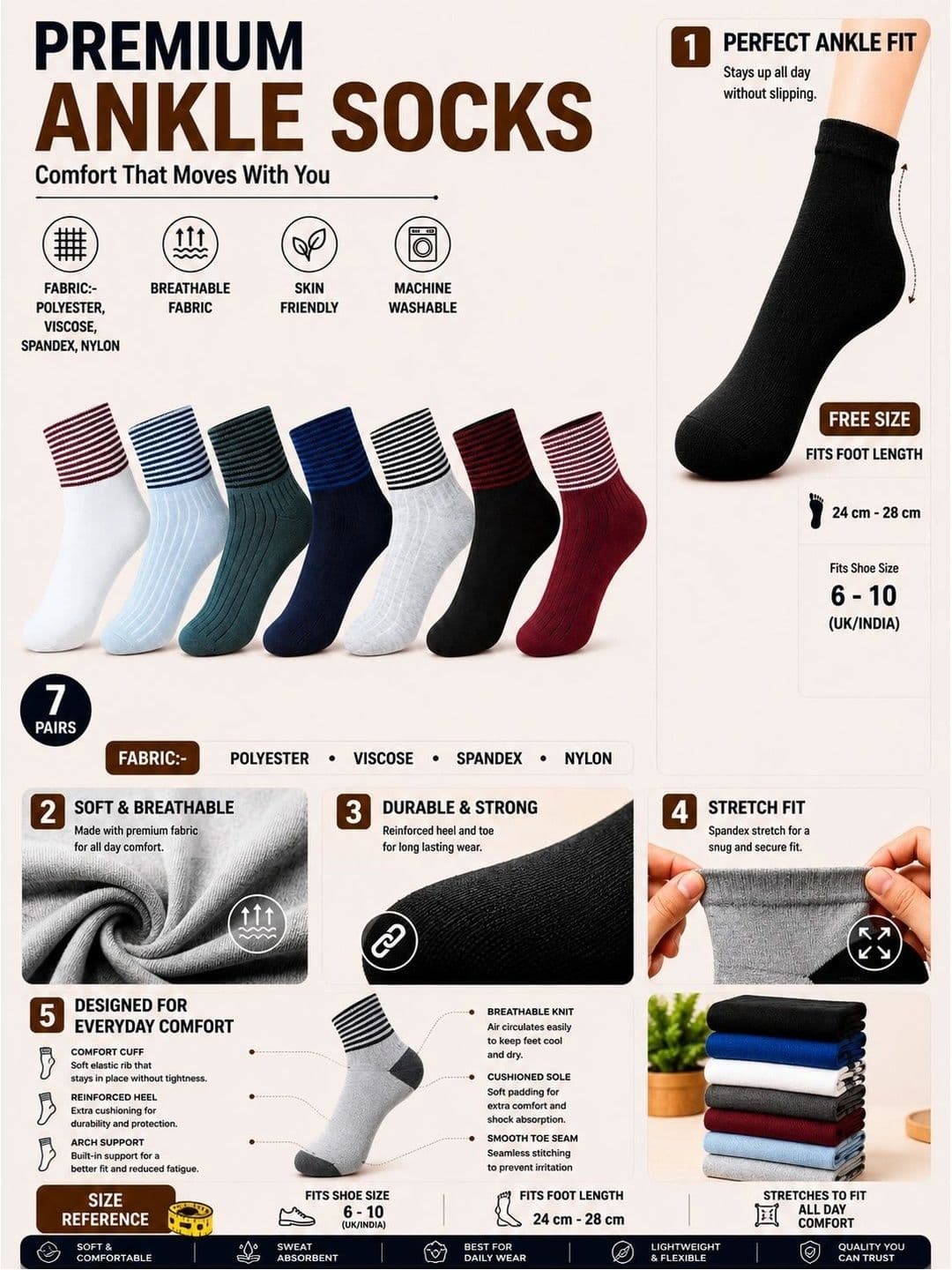 ADDOSSO Men Pack of 7 Cotton Assorted Striped Ankle Length Socks thumbnail 4
