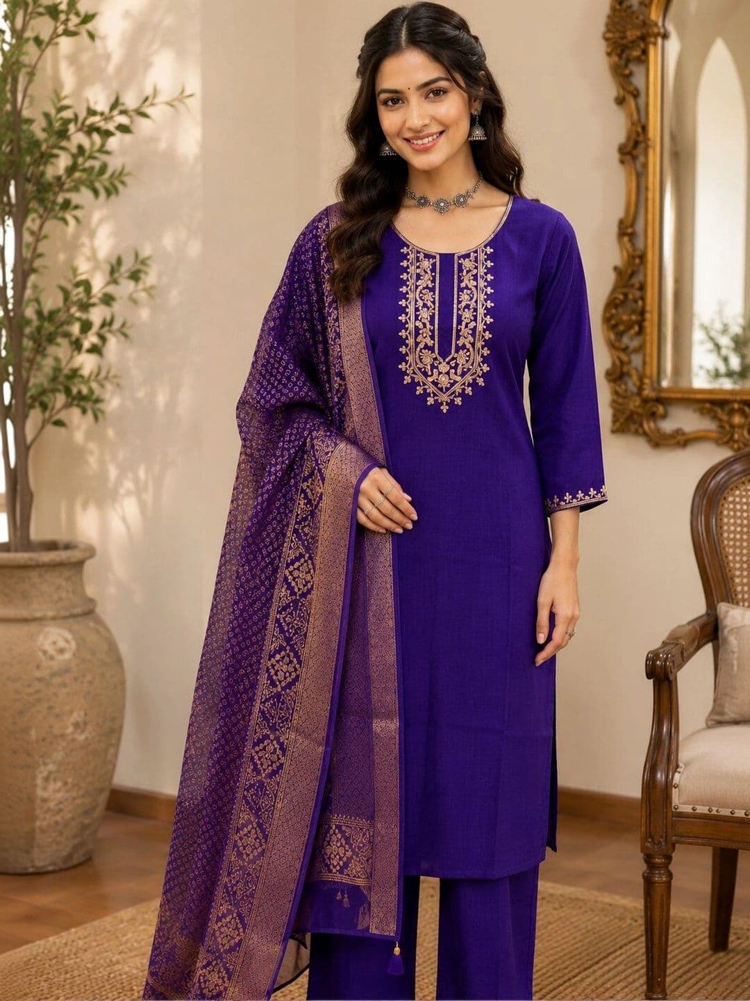 KALINI Women Ethnic Motifs Embroidered Regular Thread Work Kurta with Trousers & With Dupatta thumbnail 3