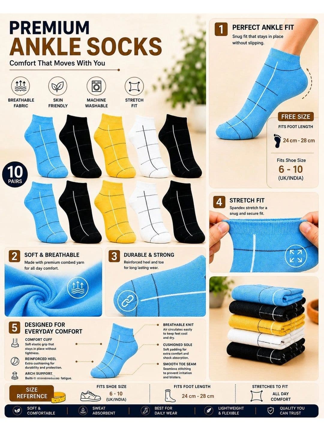 ADDOSSO Men Pack of 10 Cotton Assorted Patterned Ankle Length Socks thumbnail 4