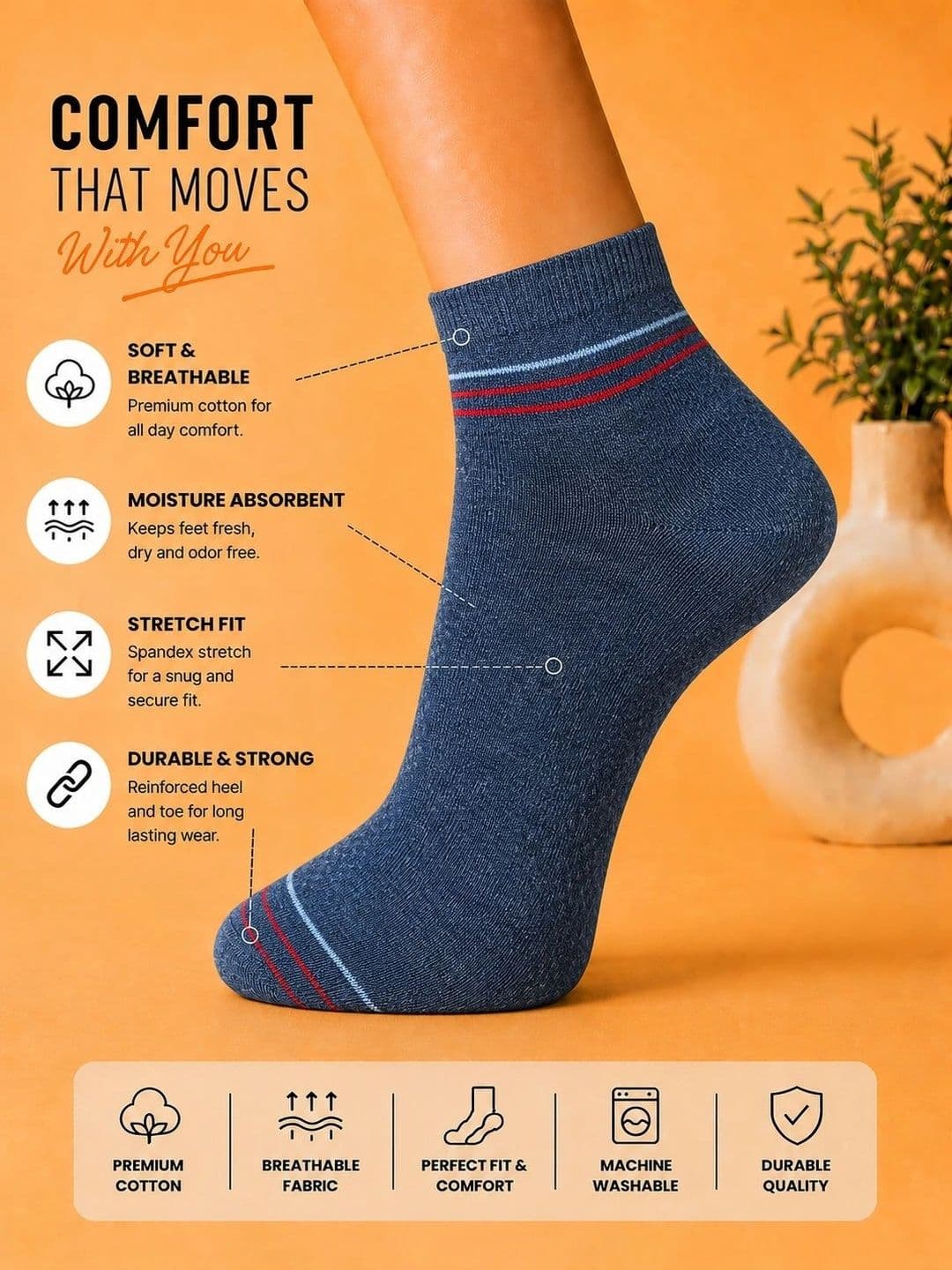 ADDOSSO Men Pack of 5 Cotton Assorted Striped Ankle Length Socks thumbnail 4