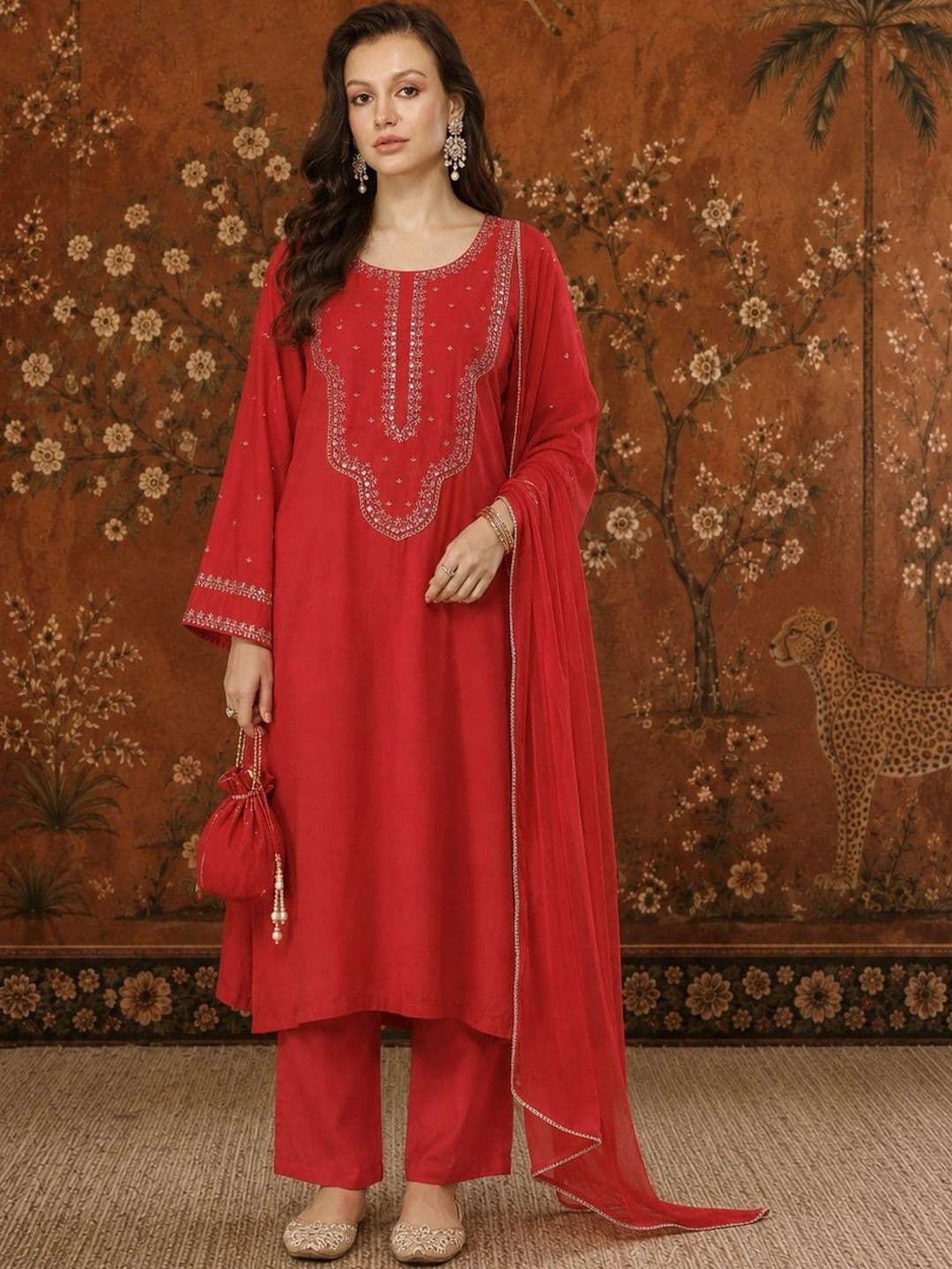Sangria Women Embroidered Regular Thread Work Kurta with Trousers & With Dupatta thumbnail 4