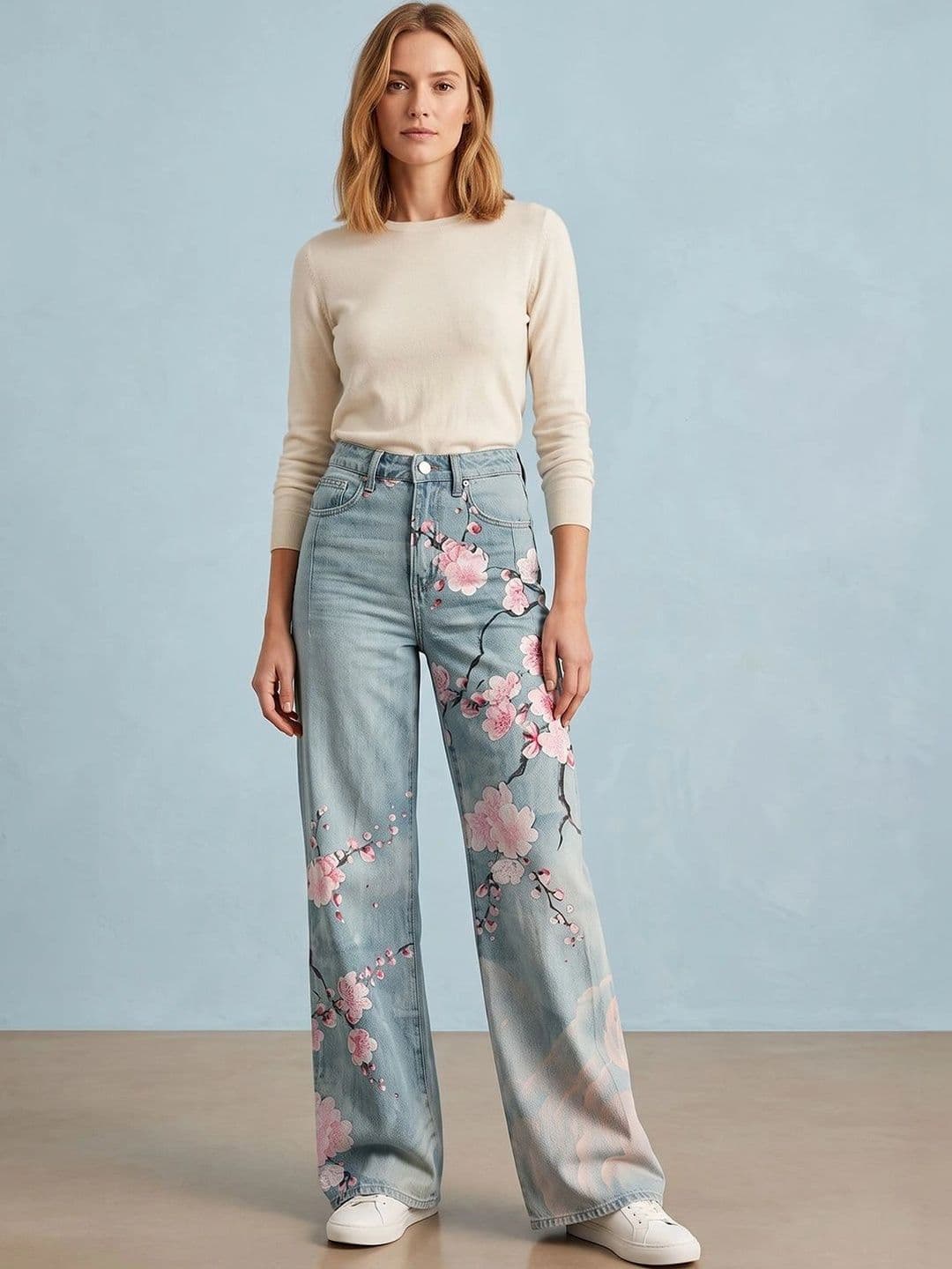 ATELIER REBEL Women Wide Leg Mid-Rise Light Fade Printed Jeans - view 1