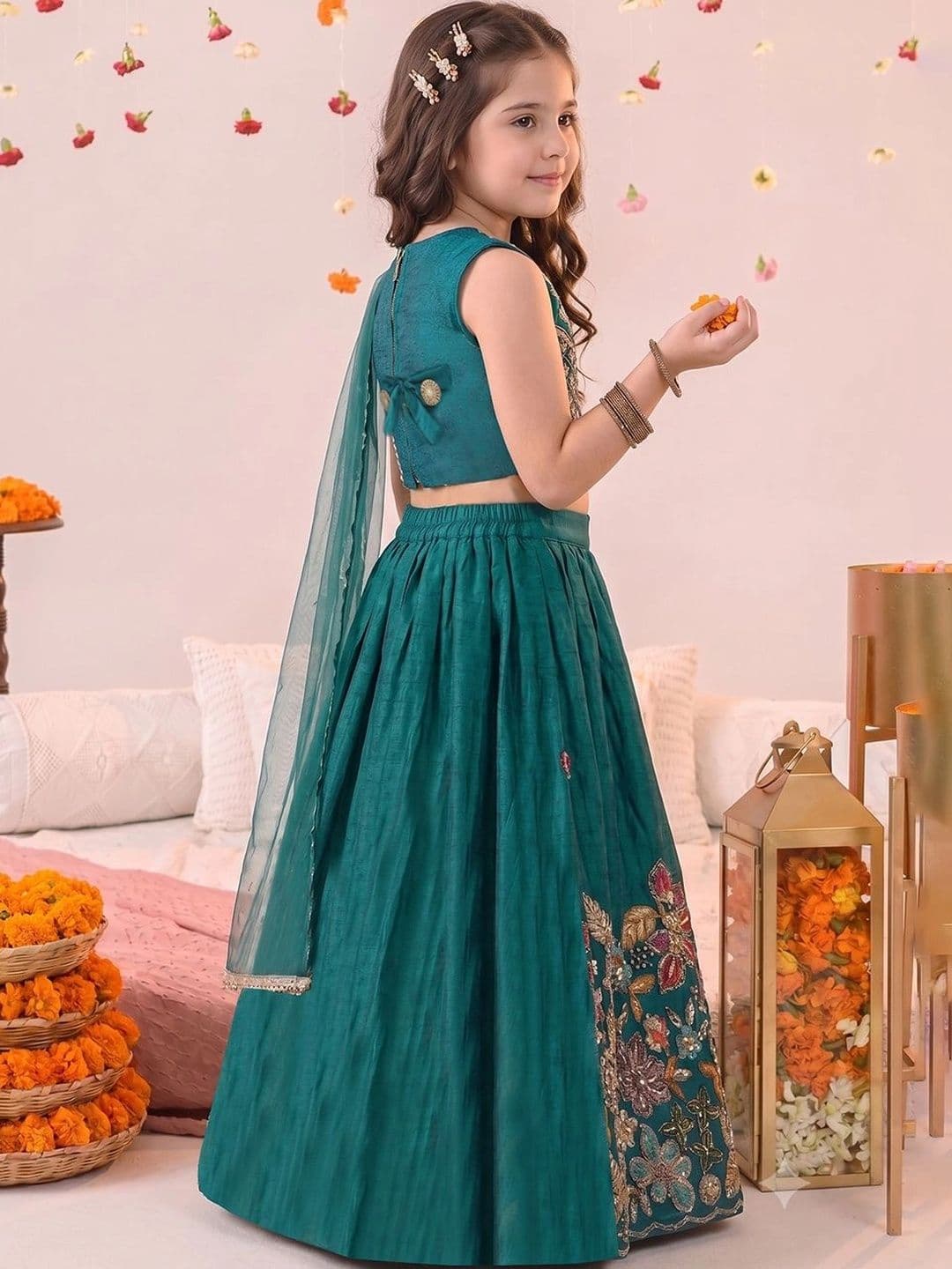 FASHION DREAM Girls Embroidered Sequinned Ready to Wear Lehenga & Blouse With Dupatta thumbnail 4