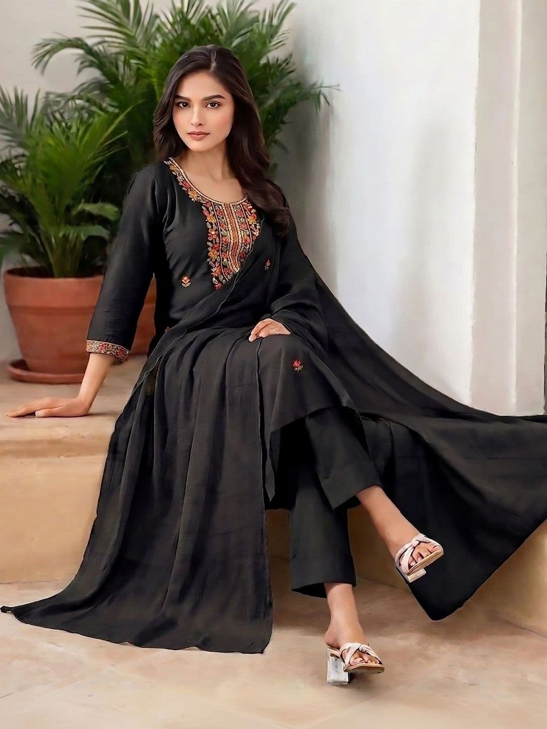 Sangria Women Ethnic Motifs Embroidered Regular Thread Work Kurta with Trousers & With Dupatta thumbnail 2
