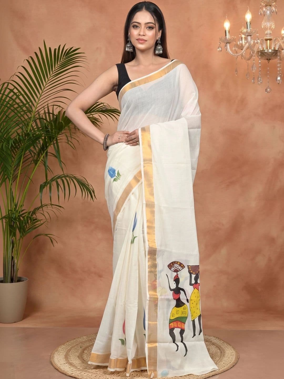 PuJoy Ethnic Motifs Sequinned Pure Cotton Handloom Taant Saree - view 1
