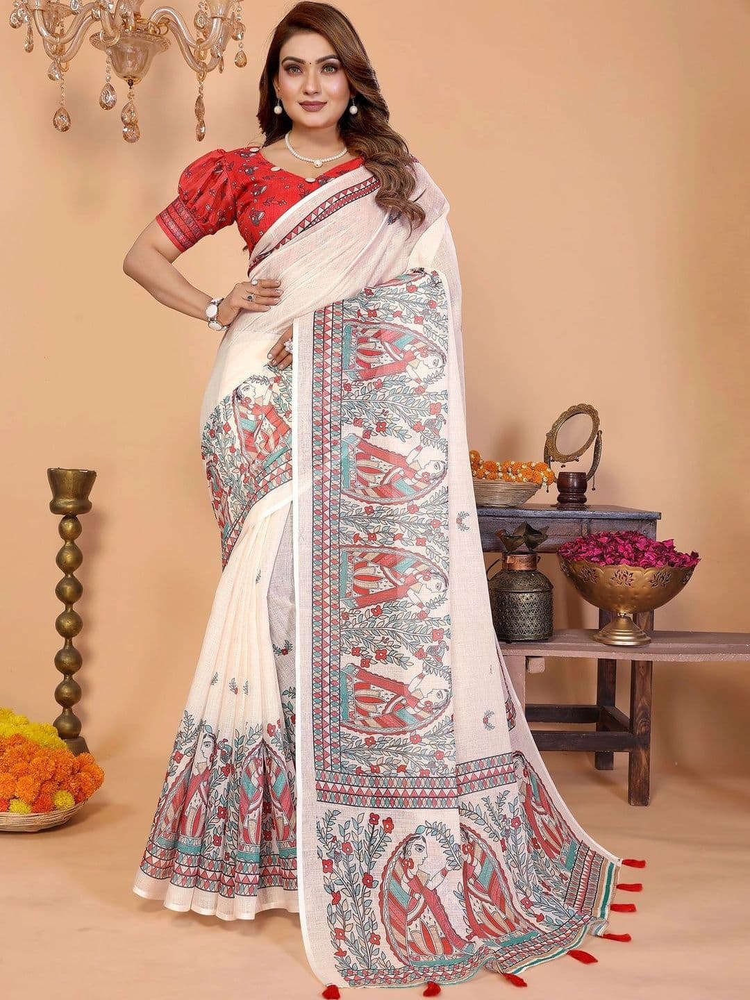 VS MALL Women Kalamkari Linen Blend Saree - view 1
