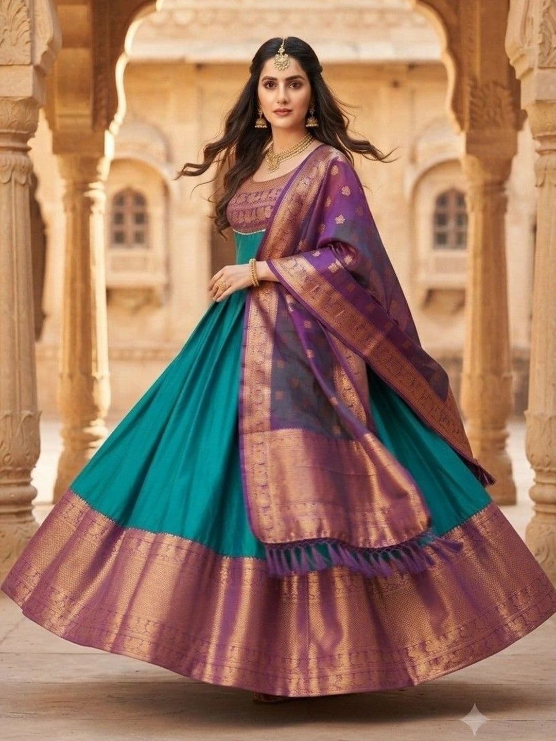 SmileyFashion Woven Design Round Neck Maxi Dress With Dupatta thumbnail 3