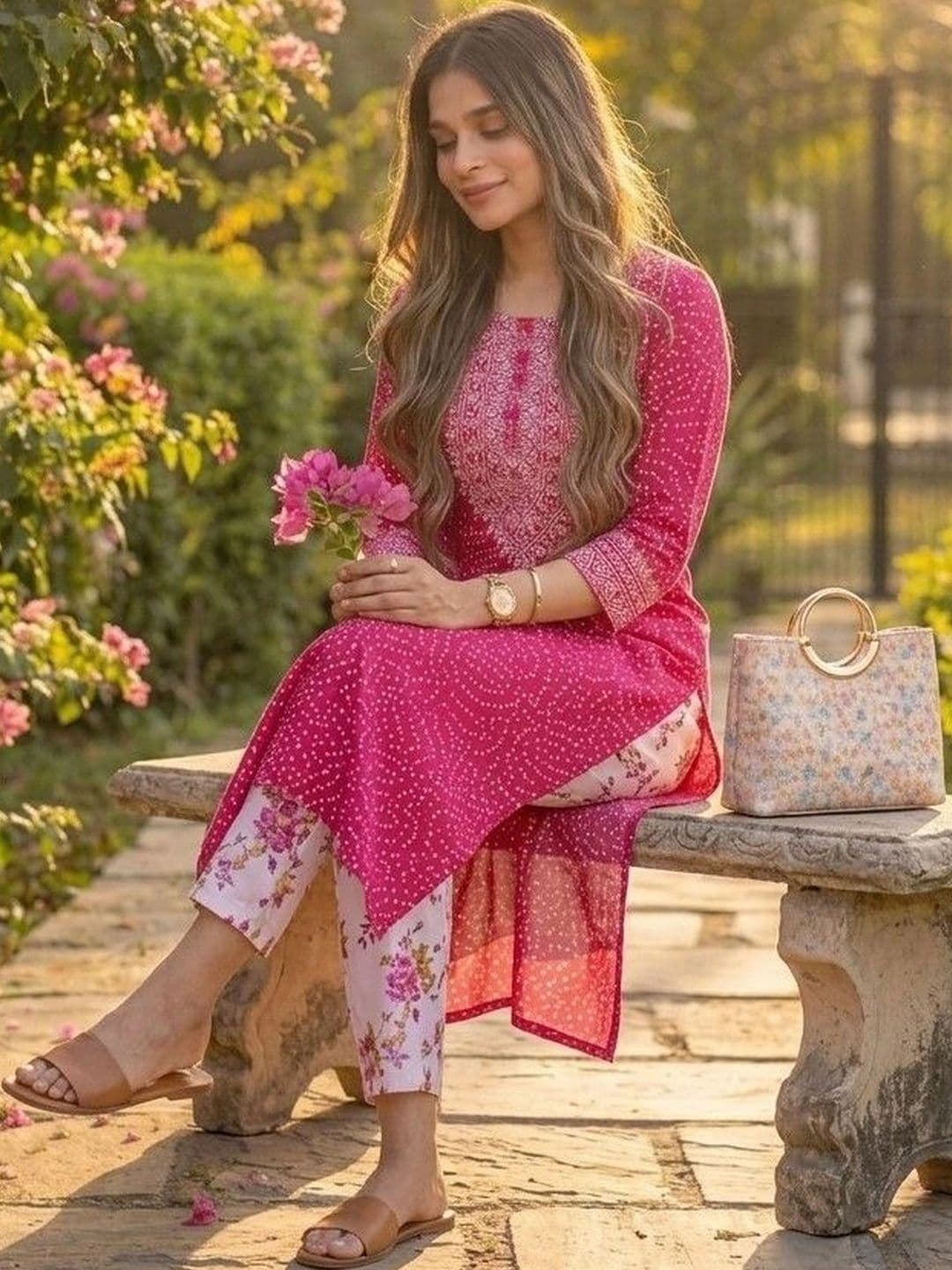 Fusion Threads Women Ethnic Motifs Printed Regular Mirror Work Pure Cotton Kurta with Trousers - view 1