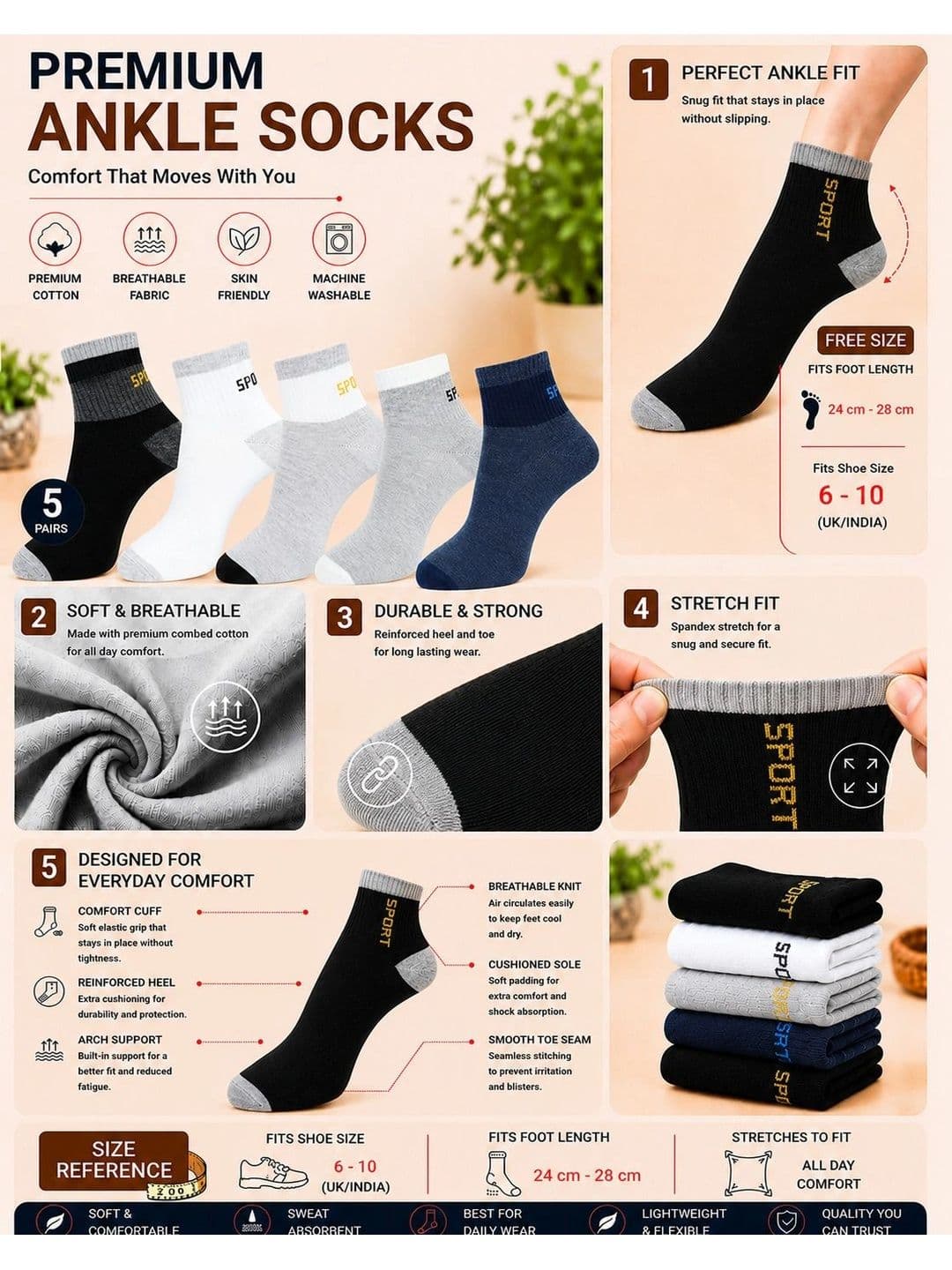 ADDOSSO Men Pack of 5 Cotton Assorted Colourblocked Ankle Length Socks thumbnail 5