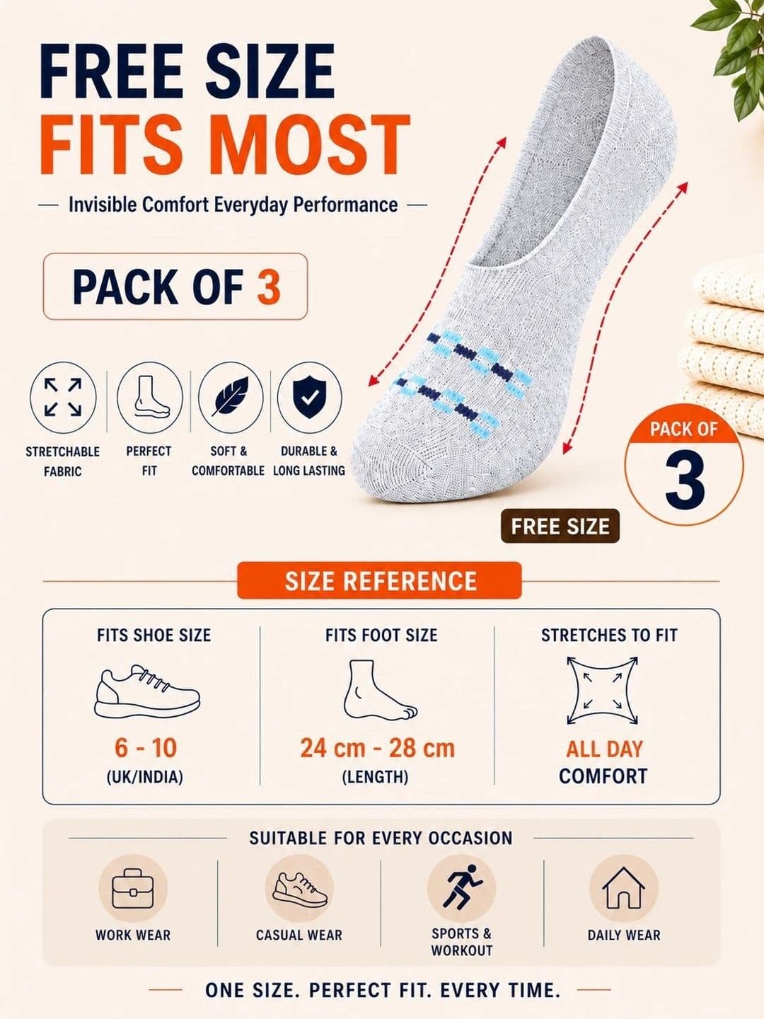 ADDOSSO Men Pack of 3 Cotton Assorted Patterned Shoe Liners Socks thumbnail 3