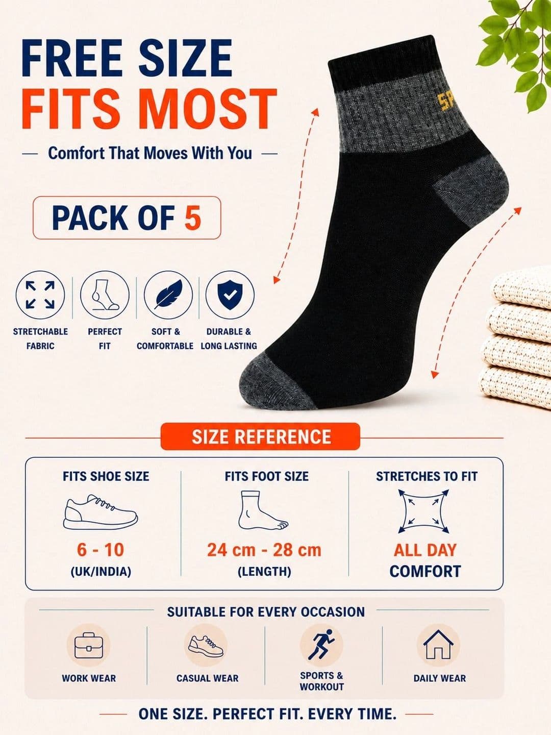 ADDOSSO Men Pack of 5 Cotton Assorted Colourblocked Ankle Length Socks thumbnail 4