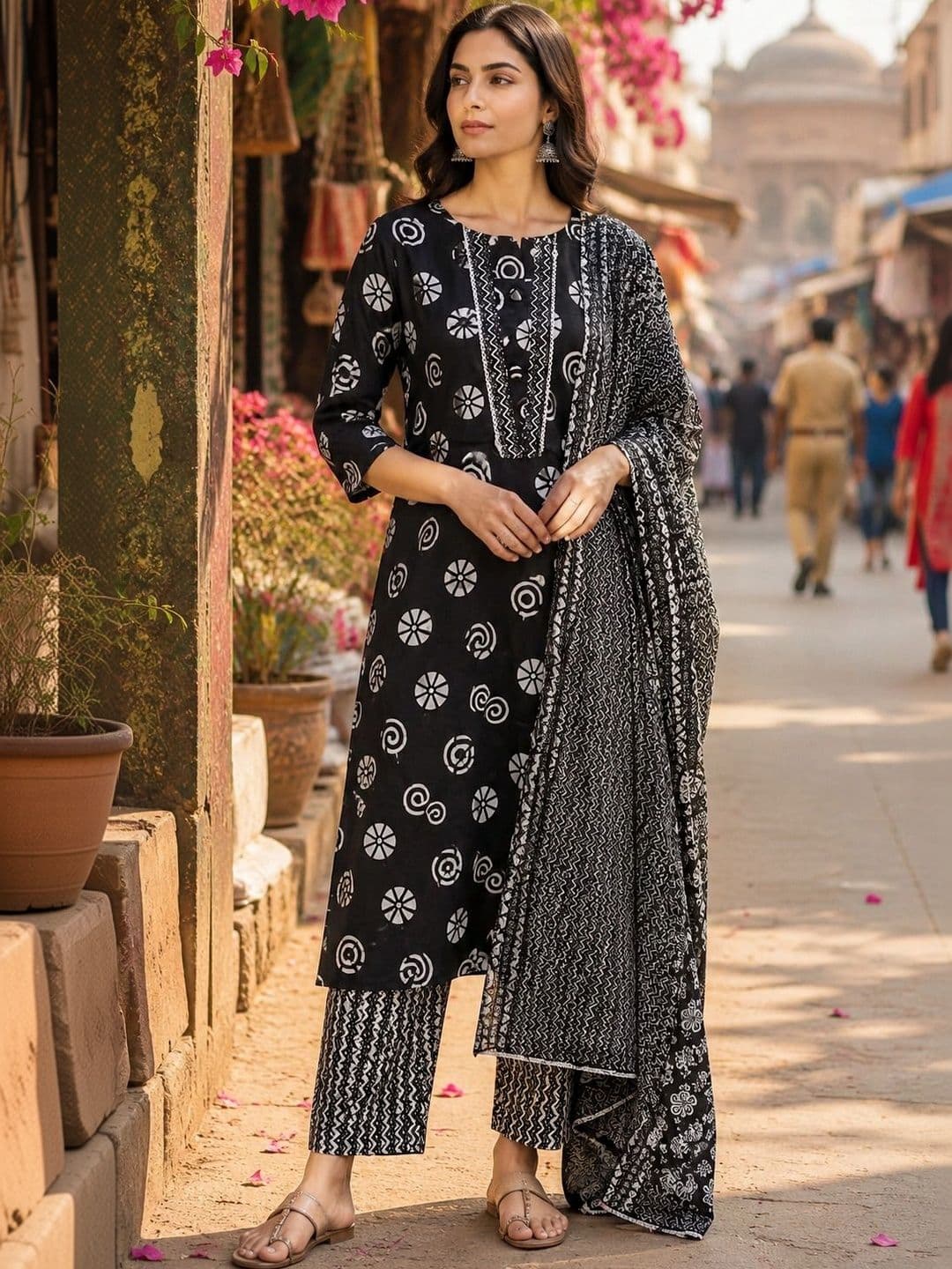 Three Boganvilla Women Ethnic Motifs Printed Regular Pure Cotton Kurta with Trousers & With Dupatta - view 1