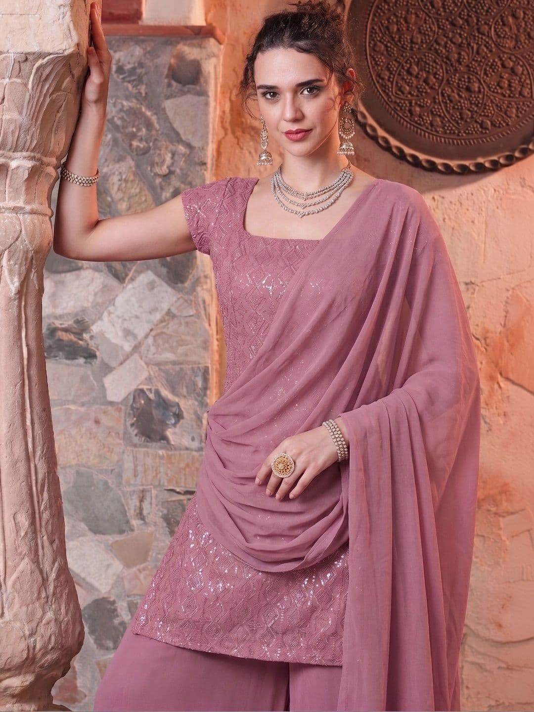 Navlik Women Embroidered Regular Sequinned Kurta with Palazzos & With Dupatta thumbnail 4