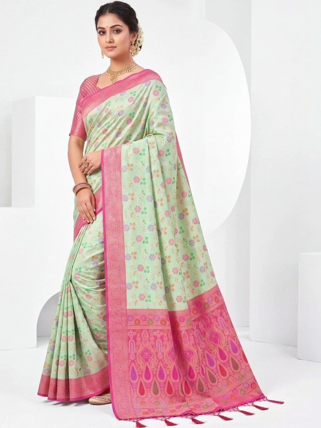 KALINI Floral Zari Art Silk Fusion Banarasi Saree thumbnail 4