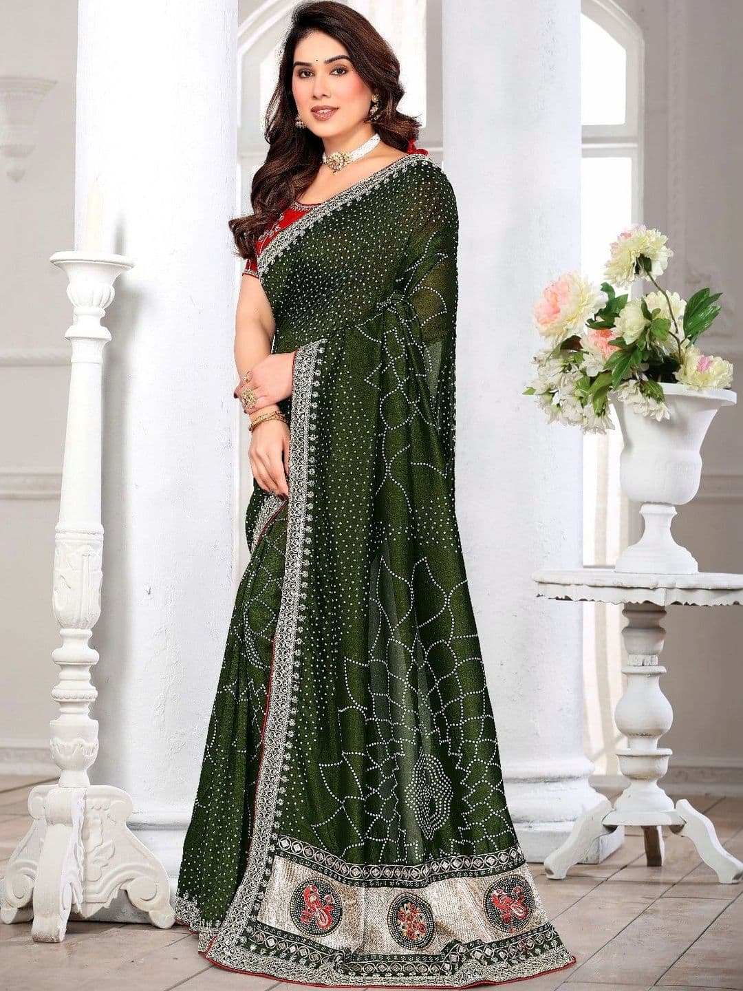 SmileyFashion Bandhani Embroidered Art Silk Designer Saree thumbnail 5