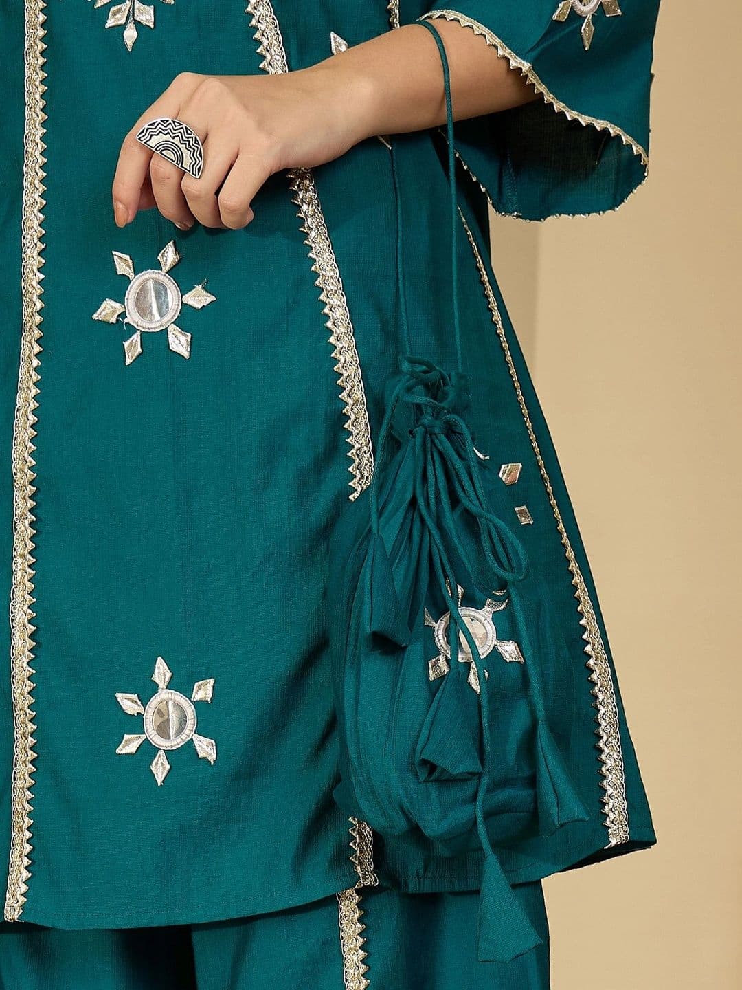 Sangria Women Ethnic Motifs Embroidered Regular Mirror Work Kurta with Palazzos thumbnail 6