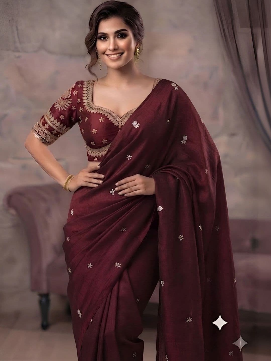 VRAGI Floral Embroidered Tissue Saree thumbnail 3