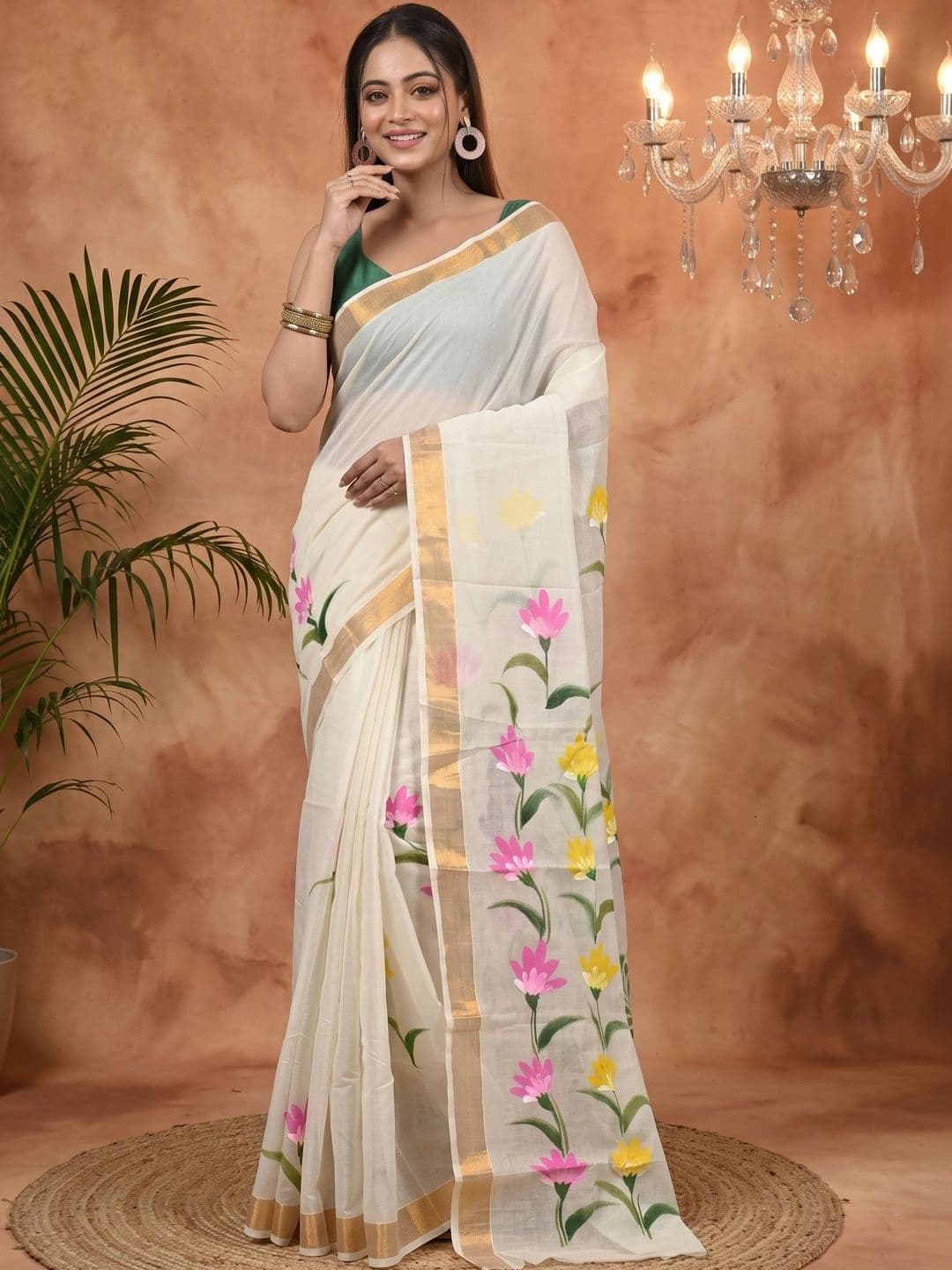 GitAsit Floral Women  Sequinned Pure Cotton Handloom Taant Saree - view 1