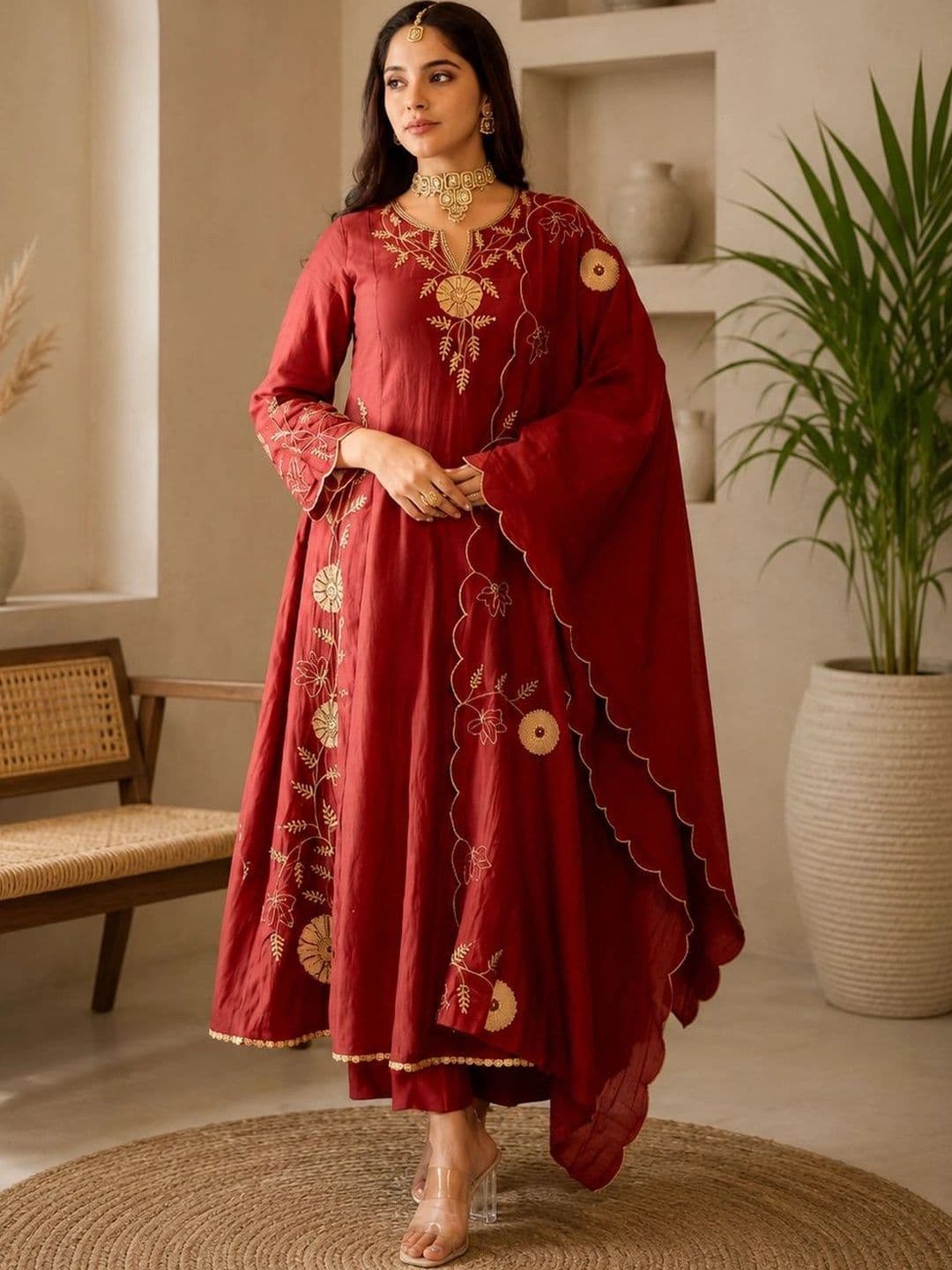 Tankori Women Ethnic Motifs Embroidered Regular Thread Work Chanderi Silk Kurta with Trousers & With Dupatta thumbnail 3