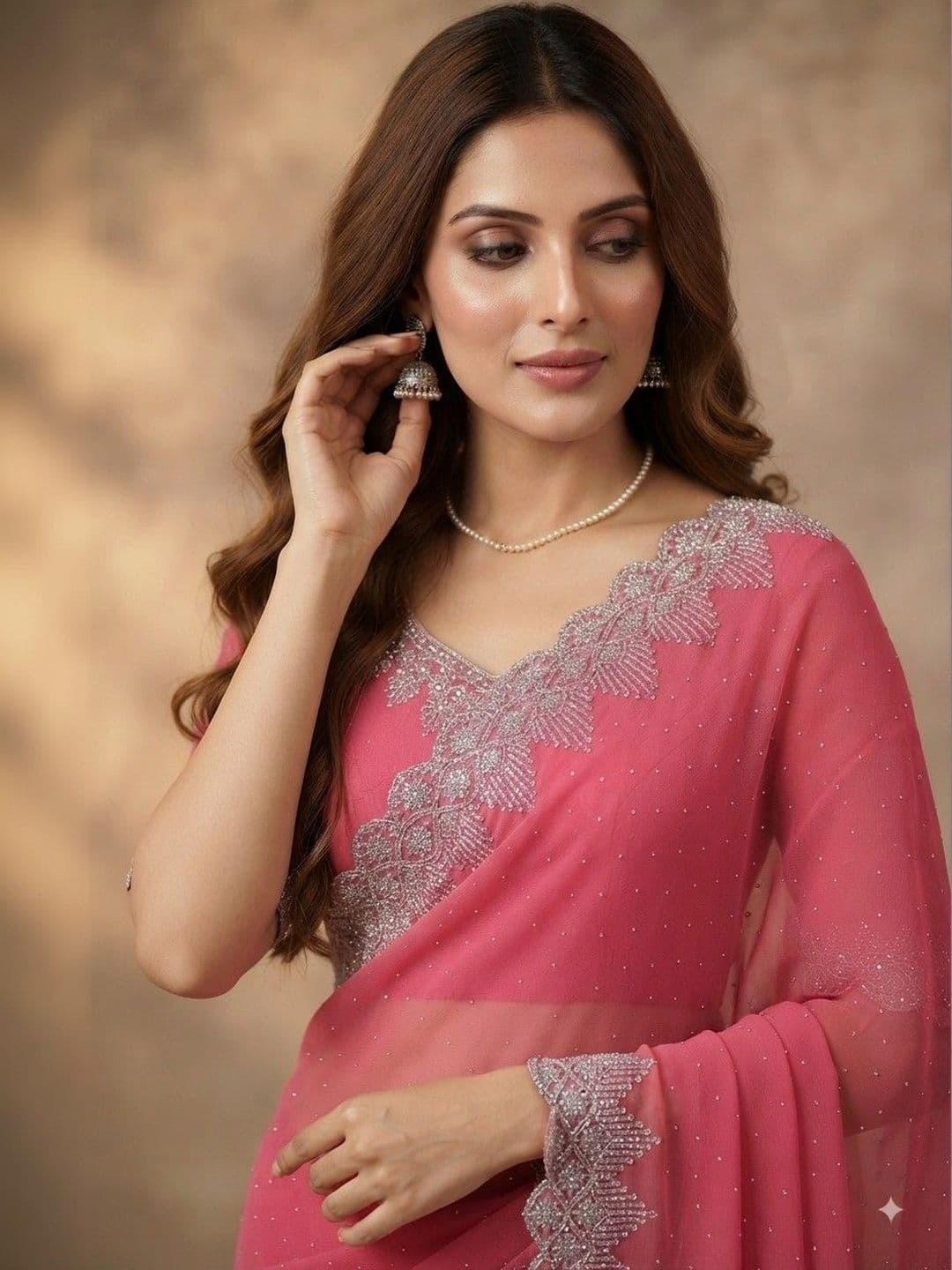 SmileyFashion Embroidered Pure Georgette Saree thumbnail 3