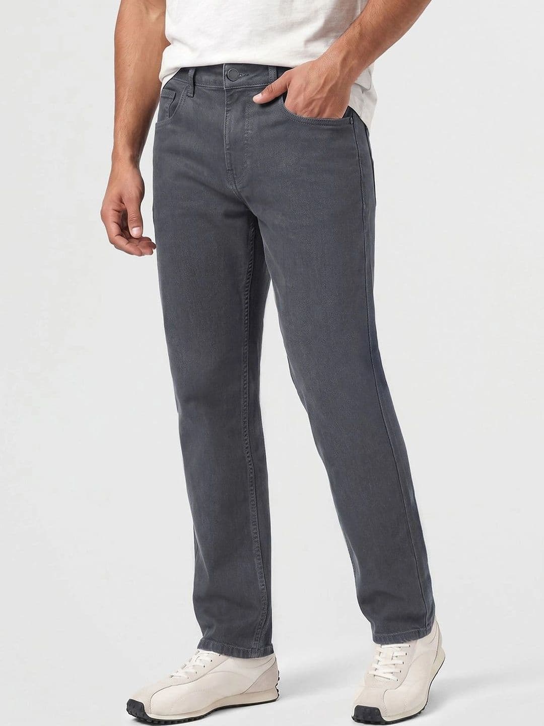 Bewakoof Men's Grey Washed Slim Straight Fit Mid-Rise Jeans thumbnail 5