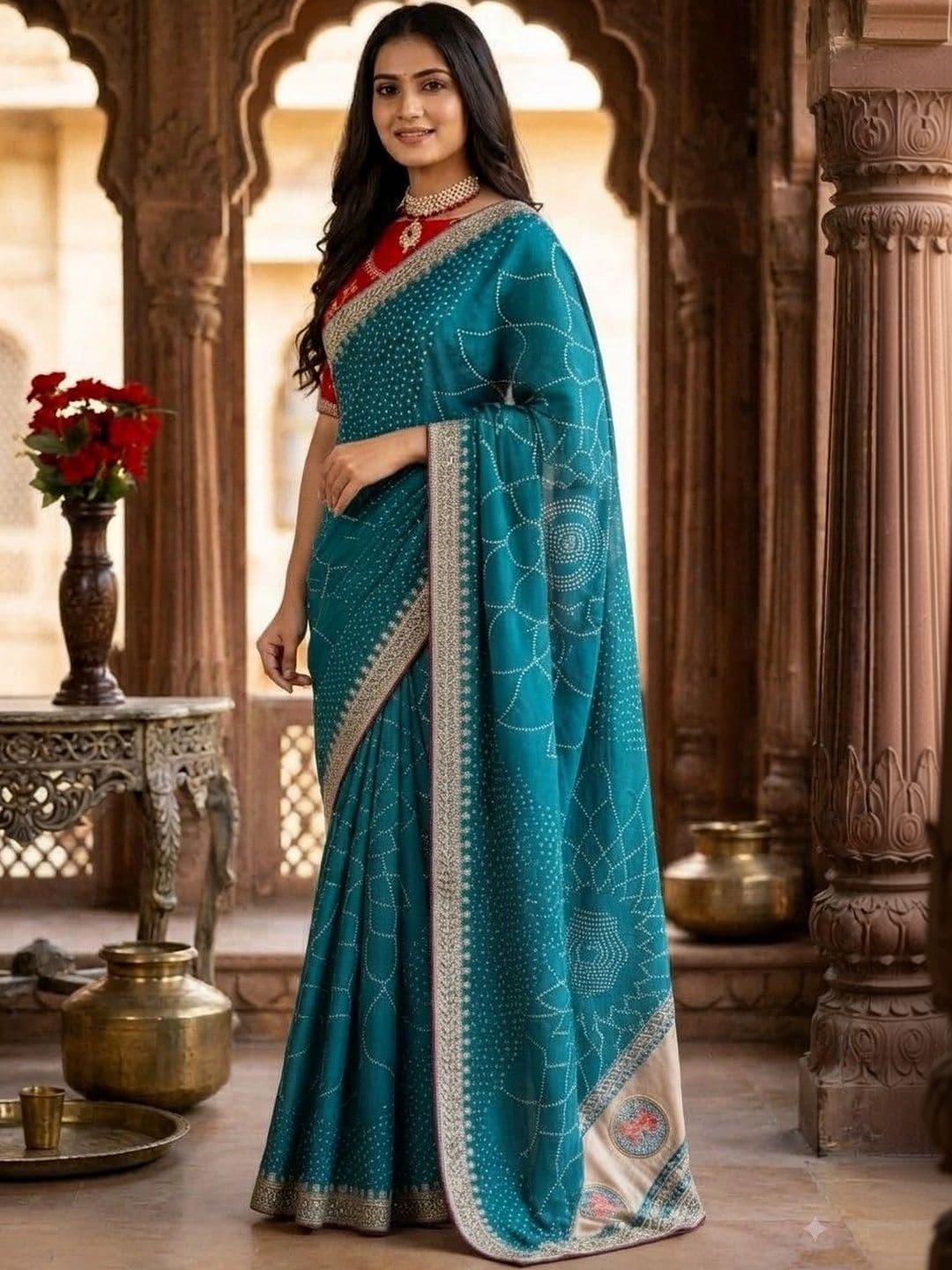 SmileyFashion Bandhani Embroidered Art Silk Designer Saree thumbnail 2