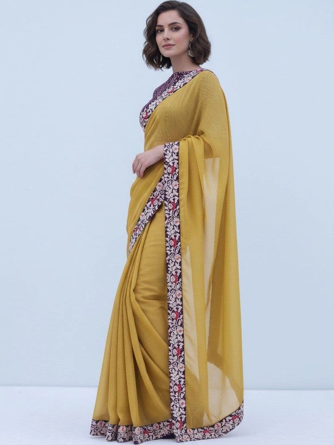 SmileyFashion Floral Embroidered Poly Chiffon Designer Saree thumbnail 6